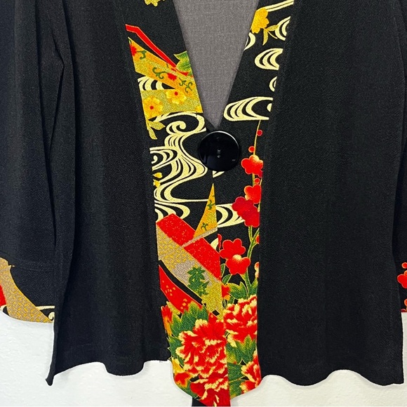 Soft Surroundings Floral Trim Border Cardigan Button Medium Black 3/4 Sleeve - Picture 3 of 8